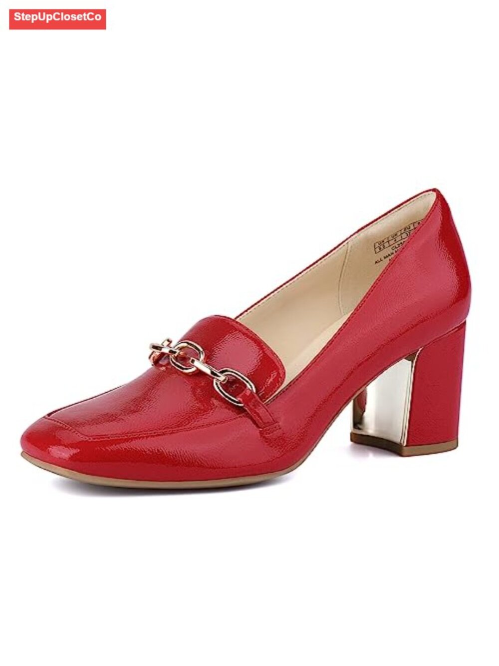 Heeled Loafers Block Heel Closed Square Toe Slip On Faux Leather Chain Detail